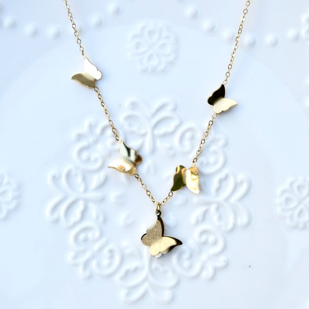 Golden Matte 5 Butterfly Charms Necklace - Stainless Steel